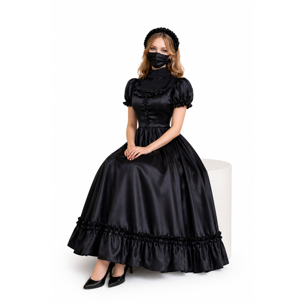 Black satin sissy maid dress with ruffles, puff sleeves, and matching headband, styled for elegant costume fashion.
