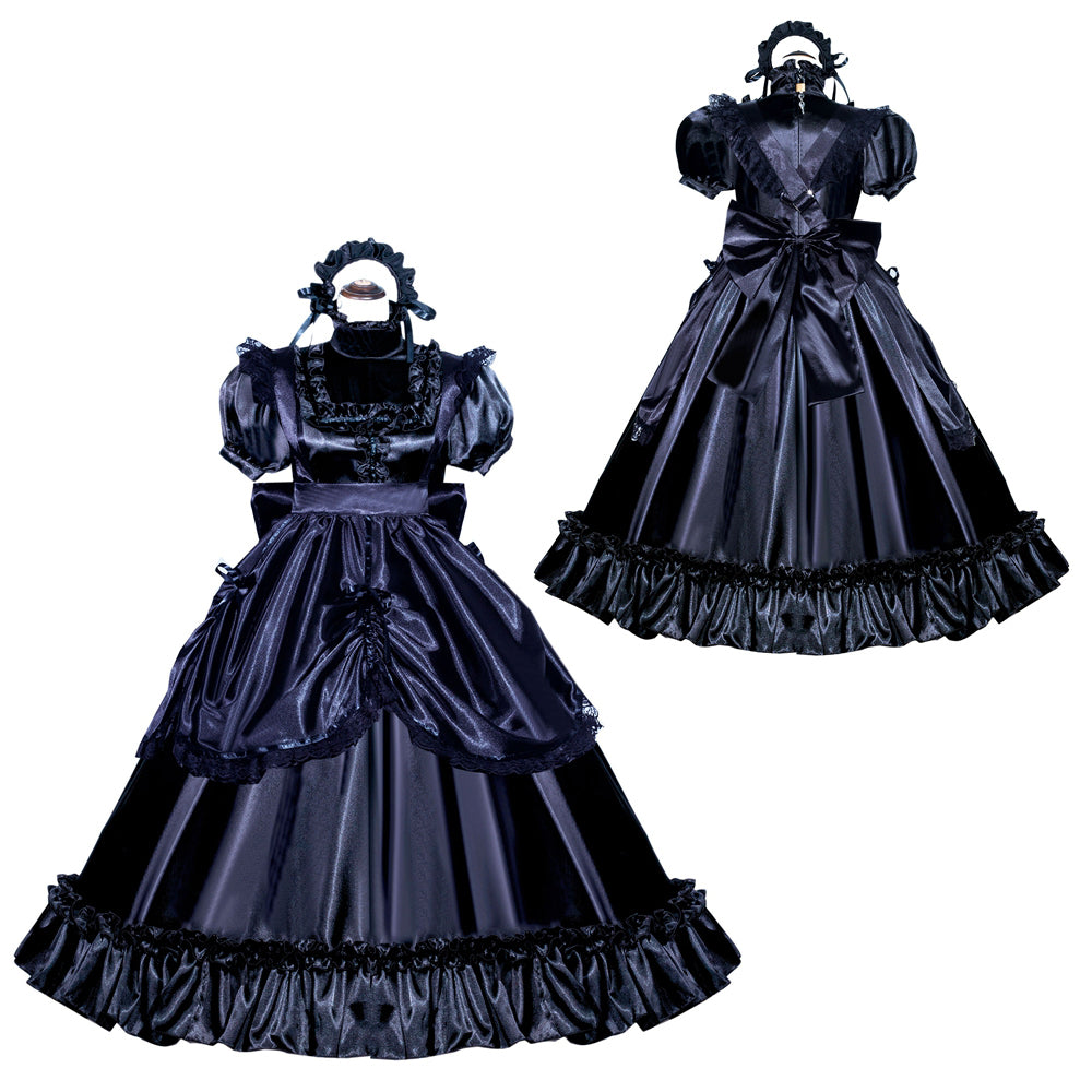 Black sissy maid dress with ruffles, bow, and lace trim, shown front and back