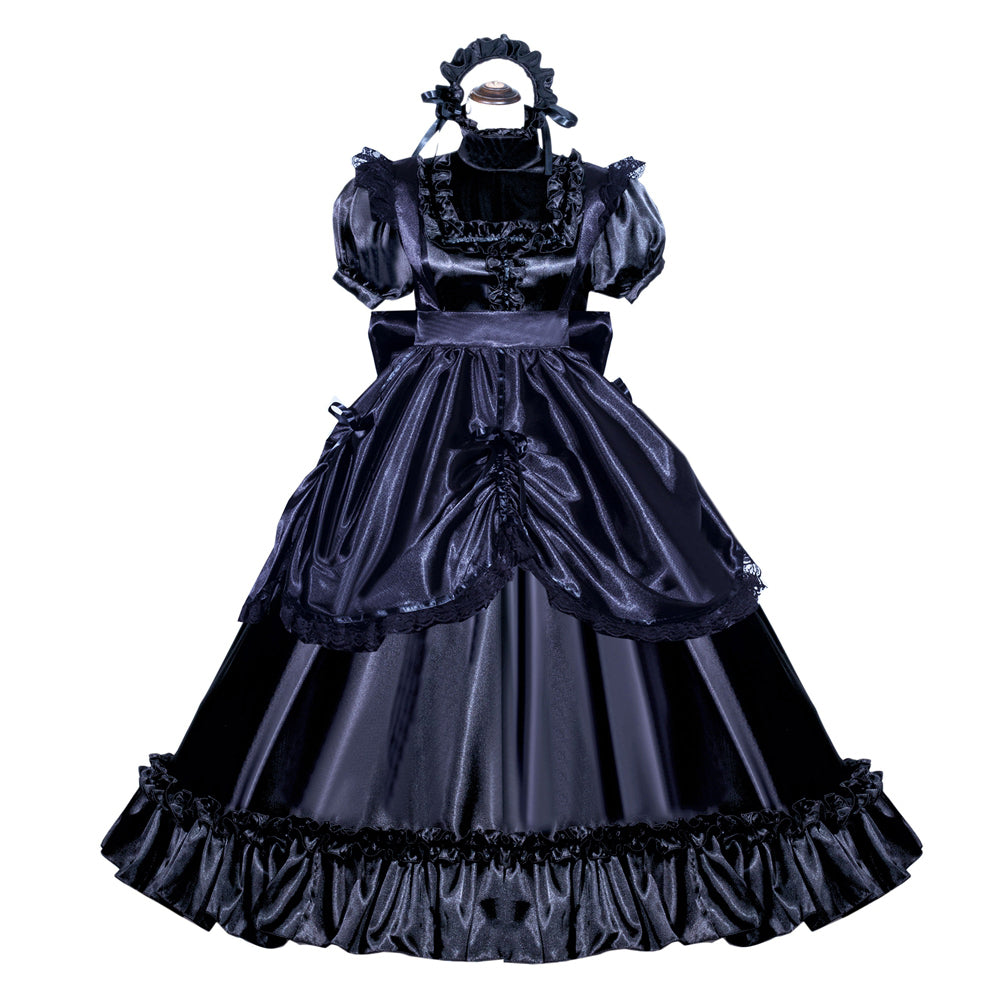 Black sissy maid dress with ruffles, satin finish, and matching headpiece for elegant costume fashion.