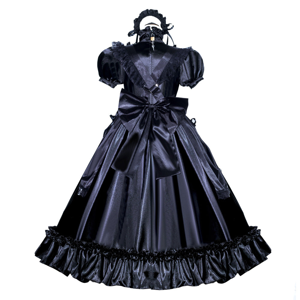 Black sissy maid dress with satin bow, ruffles, and lace trim, back view