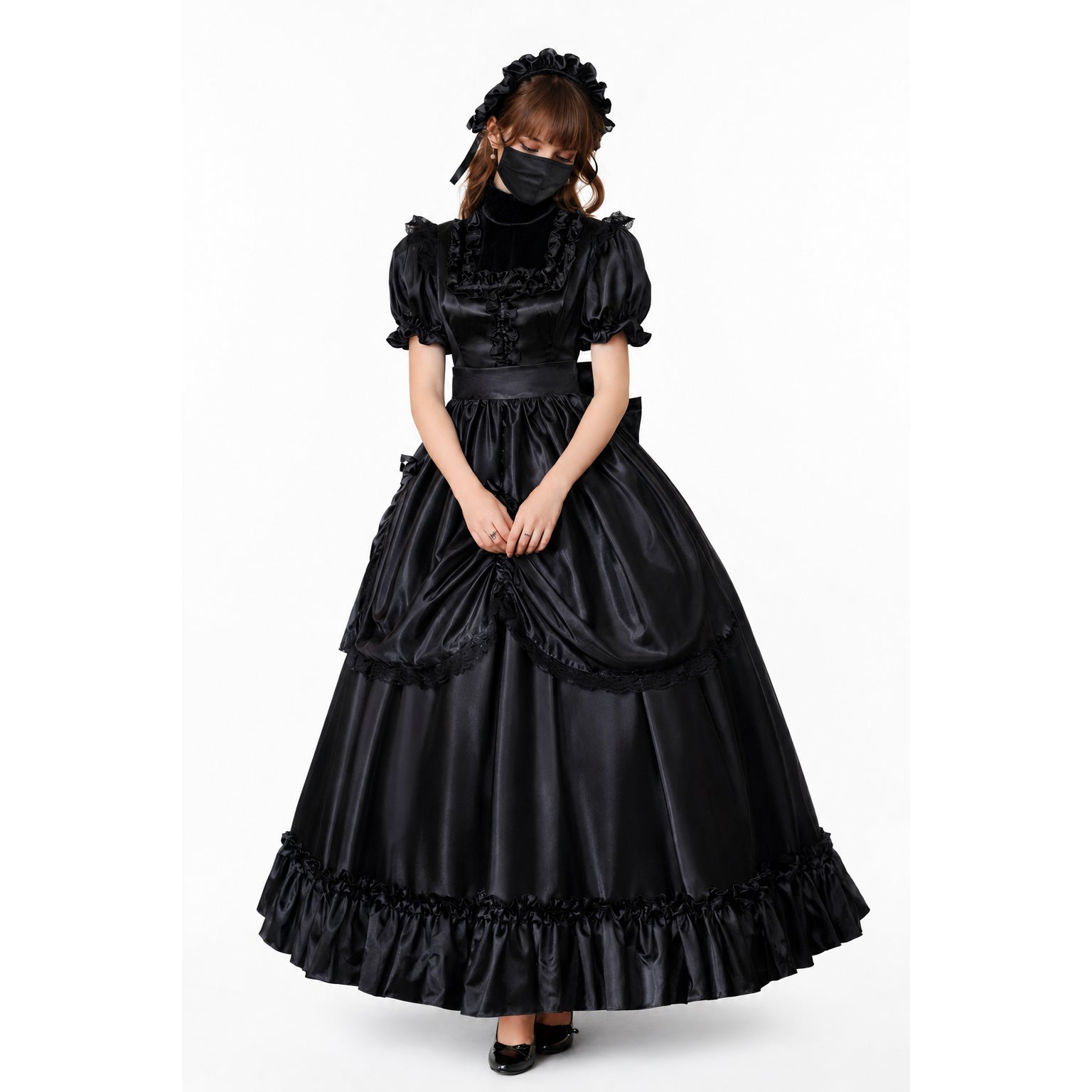 Black sissy maid dress with ruffles and satin finish, elegant and detailed design