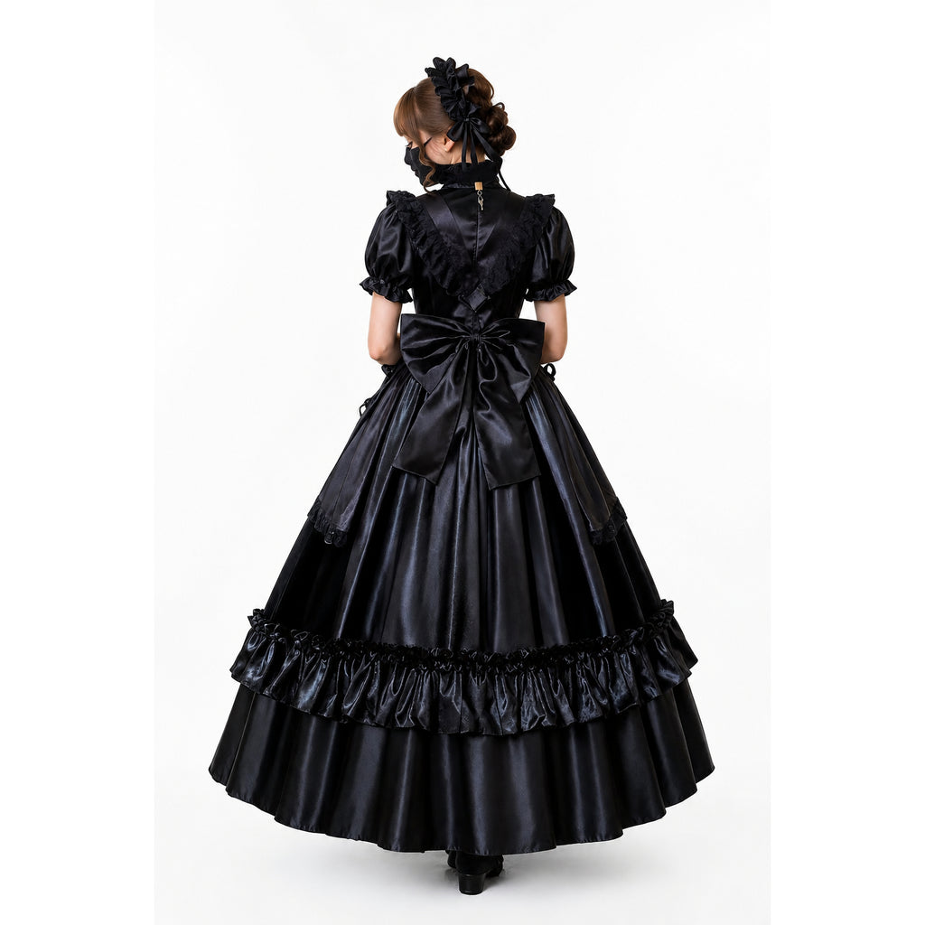 Black sissy maid dress with ruffles and bow, elegant satin design