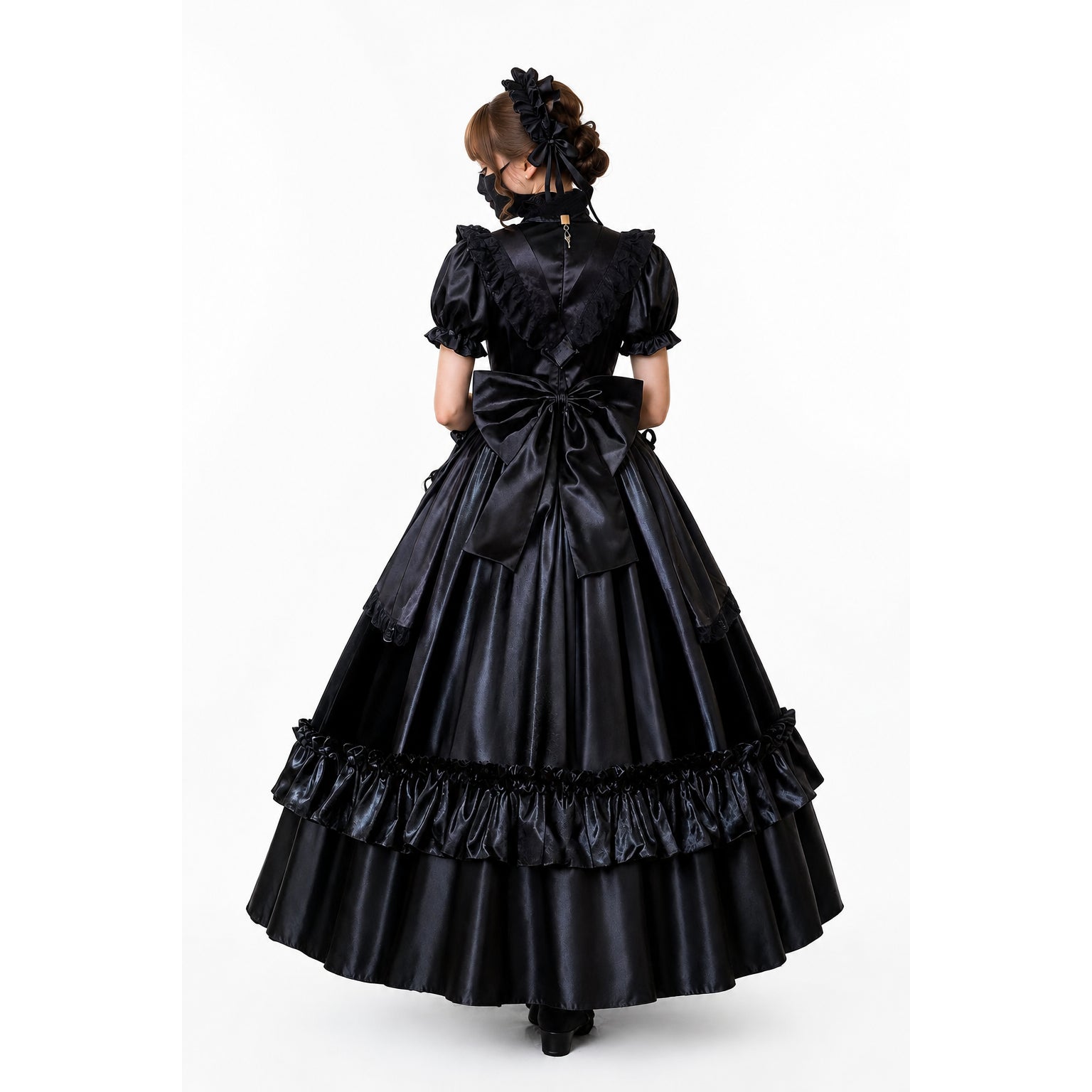 Black sissy maid dress with ruffles and bow, elegant satin design