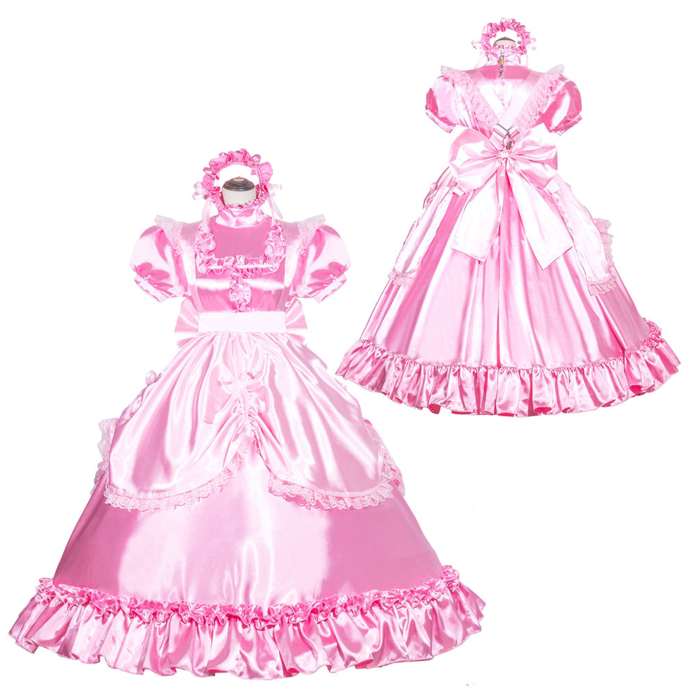 Pink satin sissy maid dress with ruffles, bow, and lace trim, shown front and back