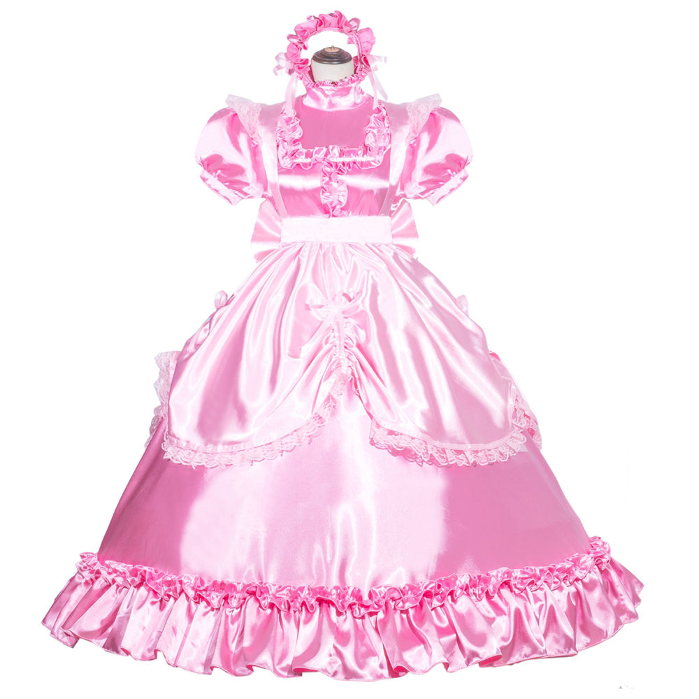 Pink sissy maid dress with ruffles, satin finish, and matching headpiece for costume fashion