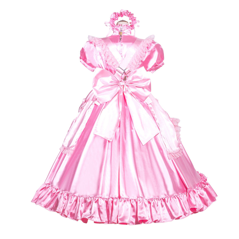 Pink sissy maid dress with lace trim, bow back, and ruffled hem for costume fashion