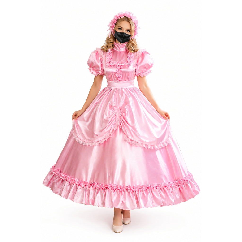 Pink sissy maid dress with ruffles, satin finish, and matching bonnet for costume fashion