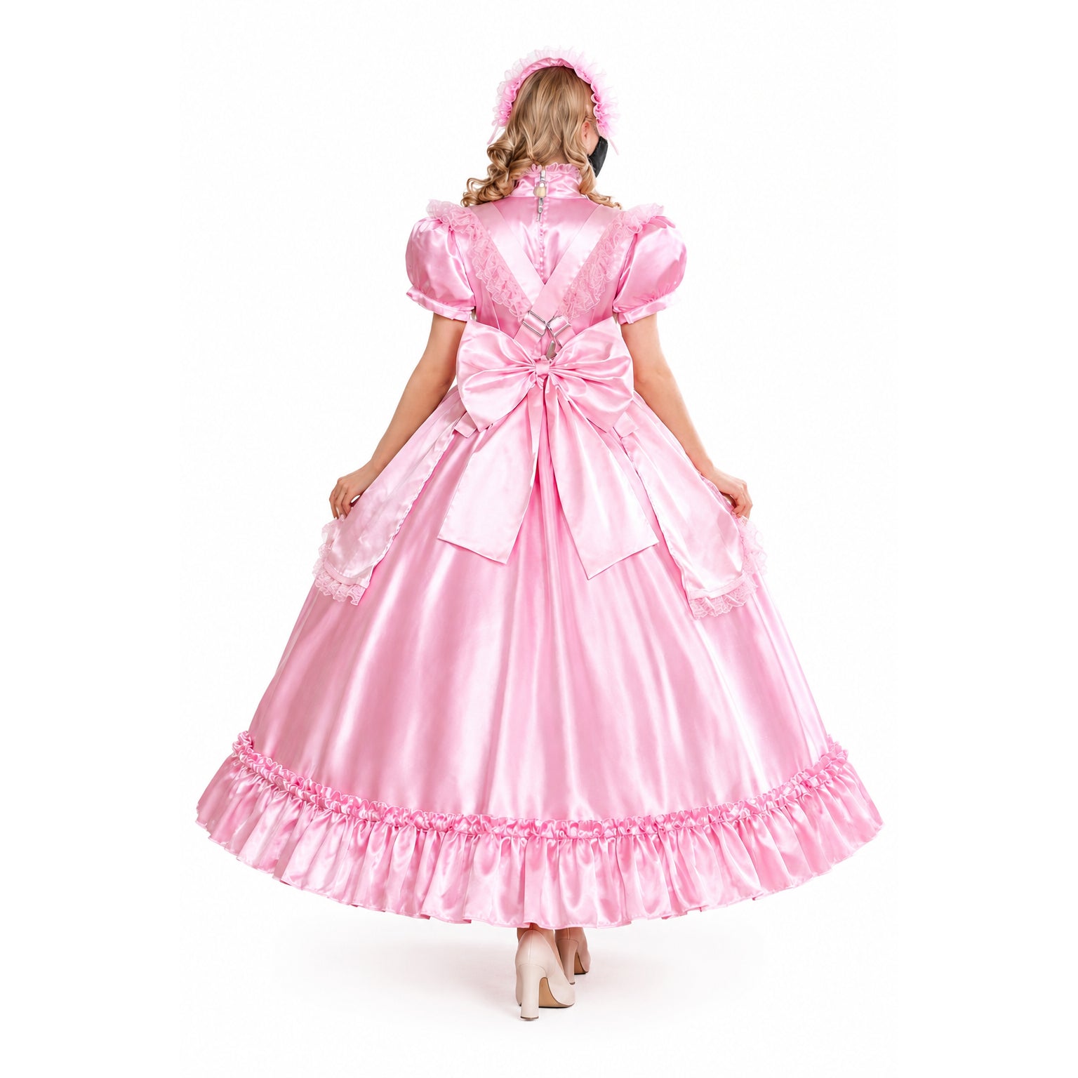 Pink sissy maid dress with satin bow, ruffles, and lace trim, shown from back view