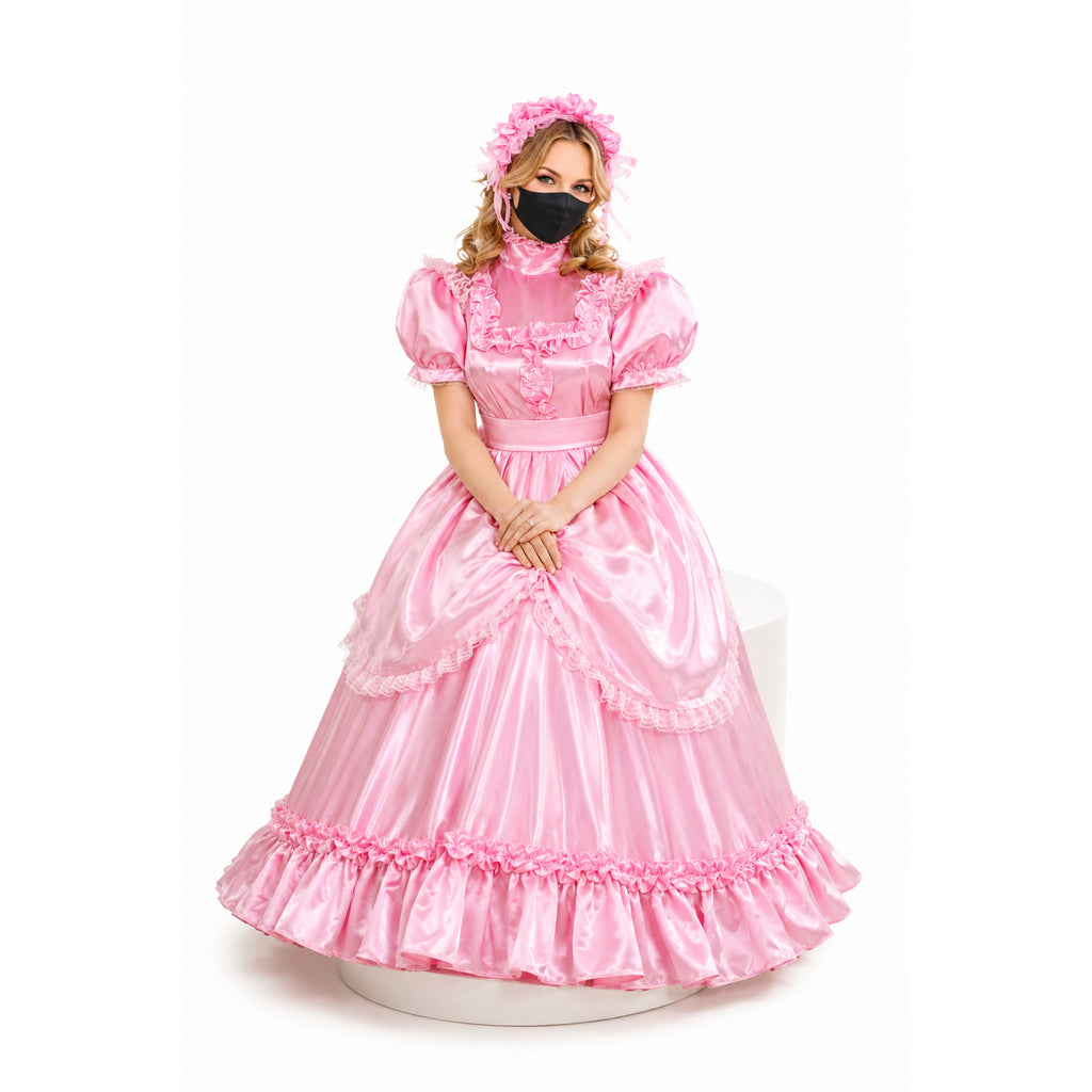 Pink sissy maid dress with ruffles, satin finish, and matching headpiece, styled for elegant costume fashion.