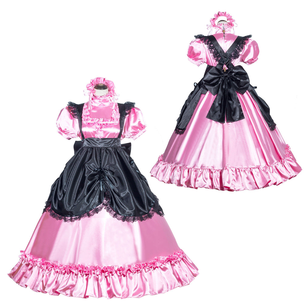 Pink and black sissy maid dress set with ruffles, lace, and bow details, shown front and back