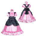 Pink and black sissy maid dress set with ruffles, lace, and bow details, shown front and back