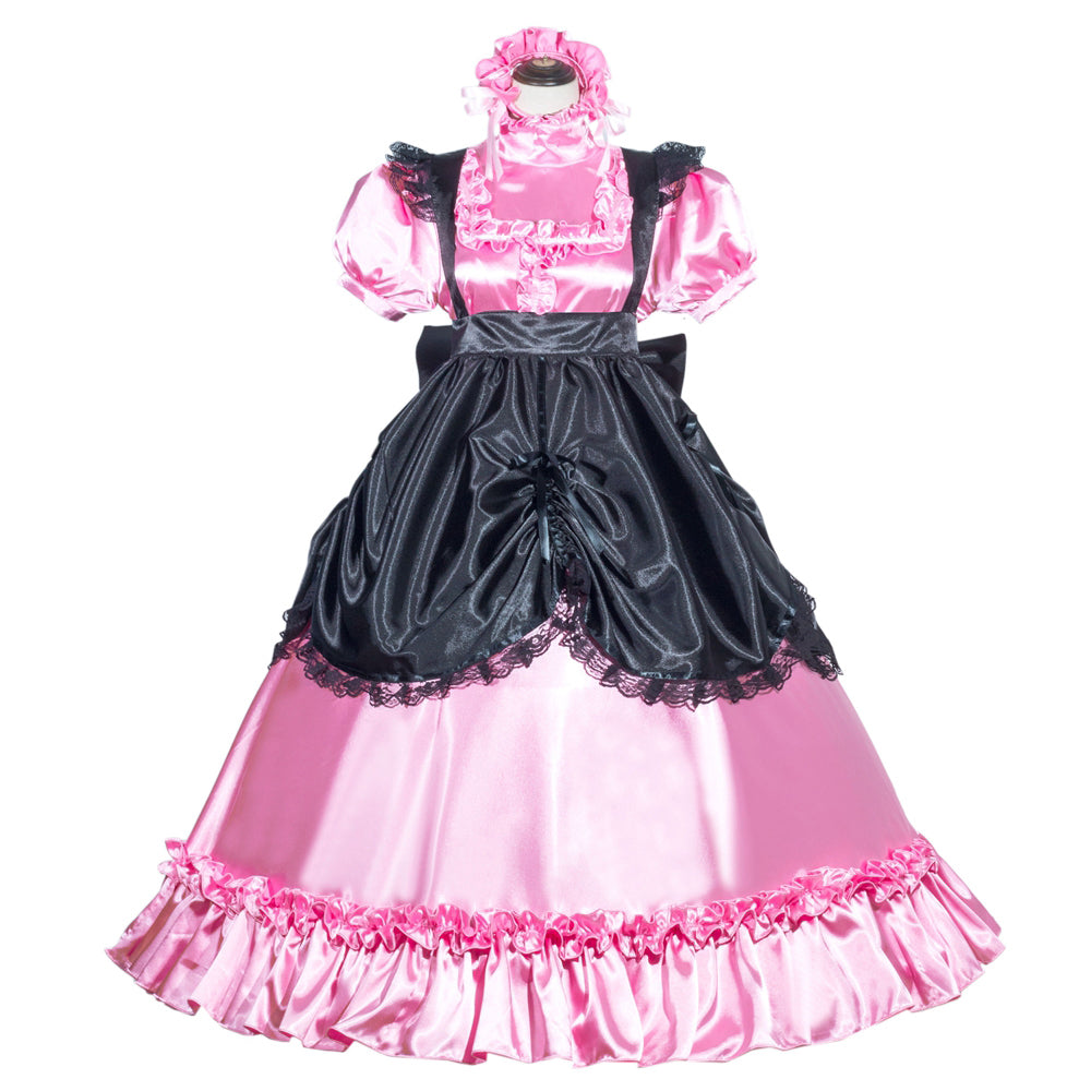 Pink and black sissy maid dress with ruffles, lace trim, and satin finish for costume fashion