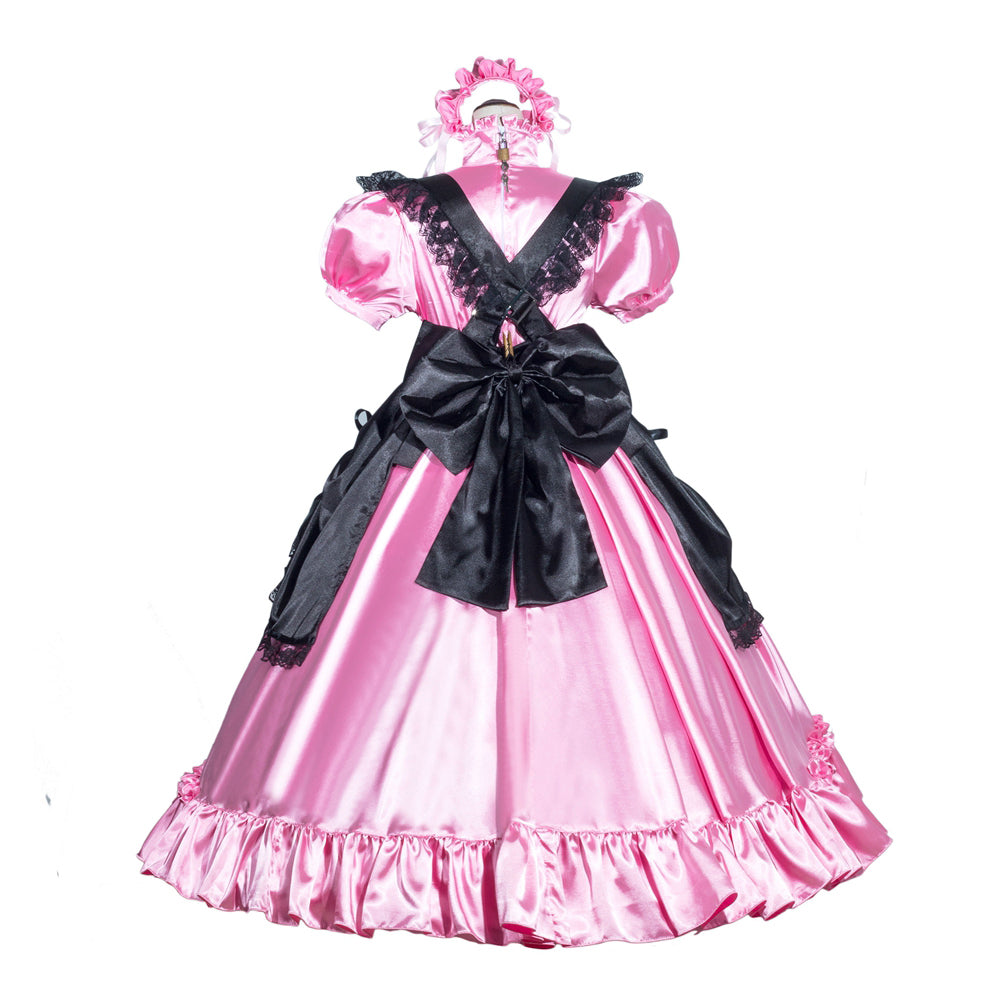 Pink sissy maid dress with black lace and bow, satin fabric, ruffled hem, and matching headpiece
