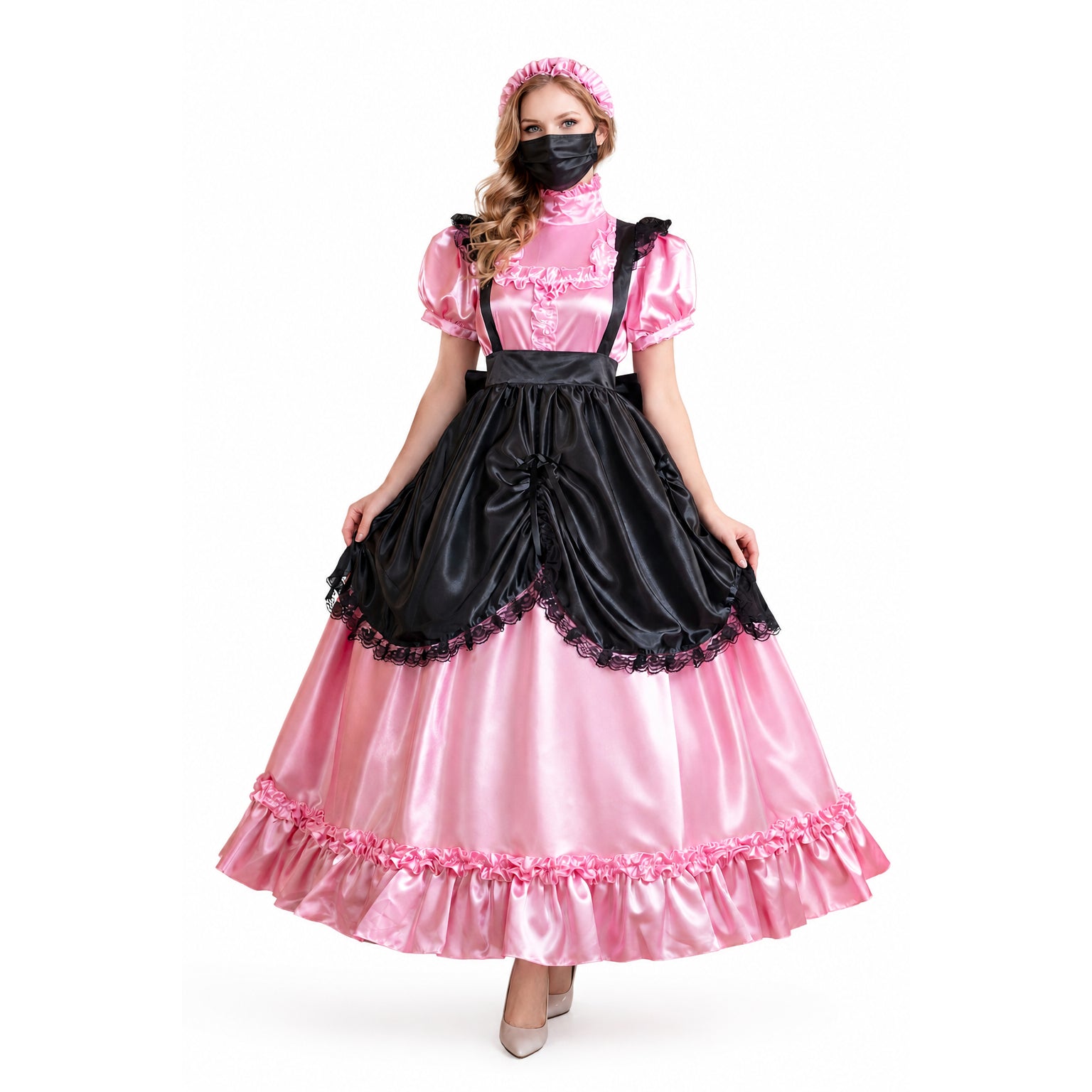 Pink and black sissy maid dress with ruffles, satin finish, and lace trim for costume fashion