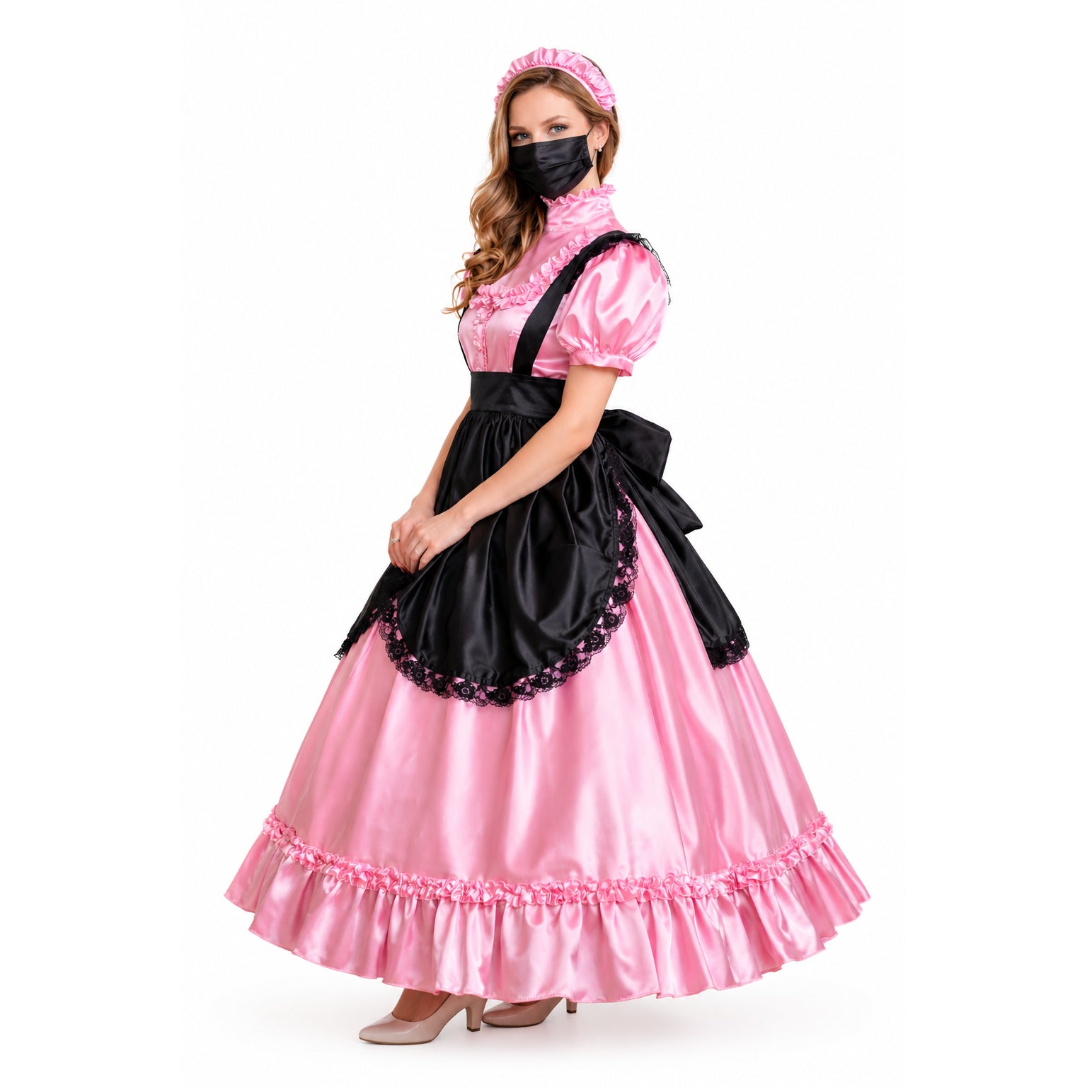 Pink sissy maid dress with black apron, ruffles, and lace trim, styled with matching headband