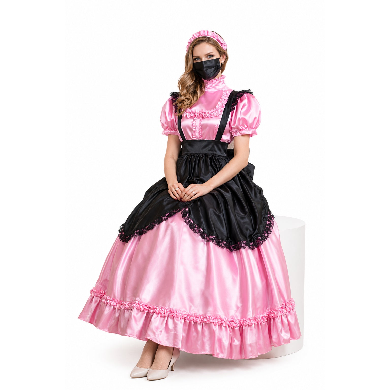Pink and black sissy maid dress with ruffles, satin finish, and matching headband, styled for elegant costume fashion.