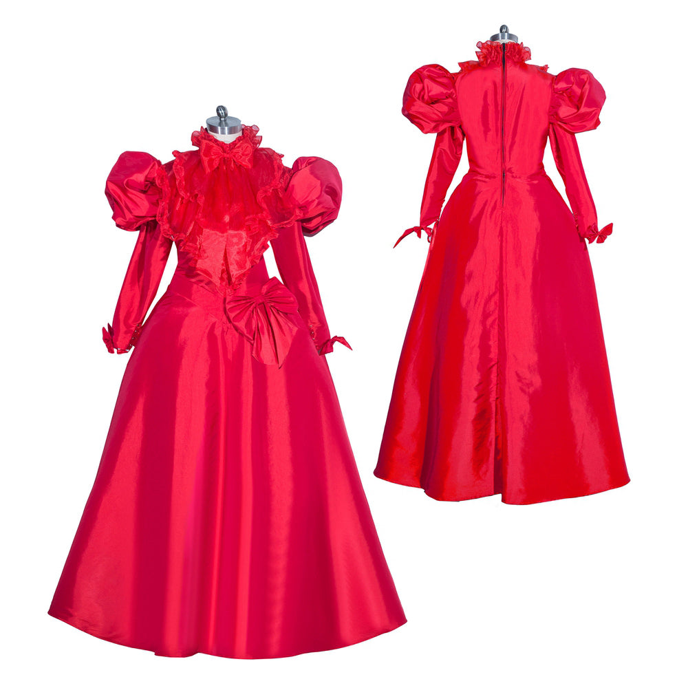 Red sissy maid dress with puffy sleeves, ruffles, and bow detail, shown front and back on mannequin