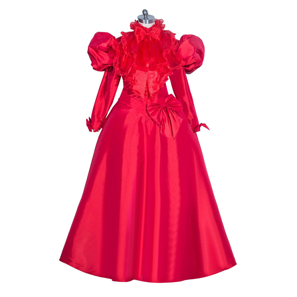 Red sissy maid dress with ruffles, puff sleeves, and bow detail on mannequin
