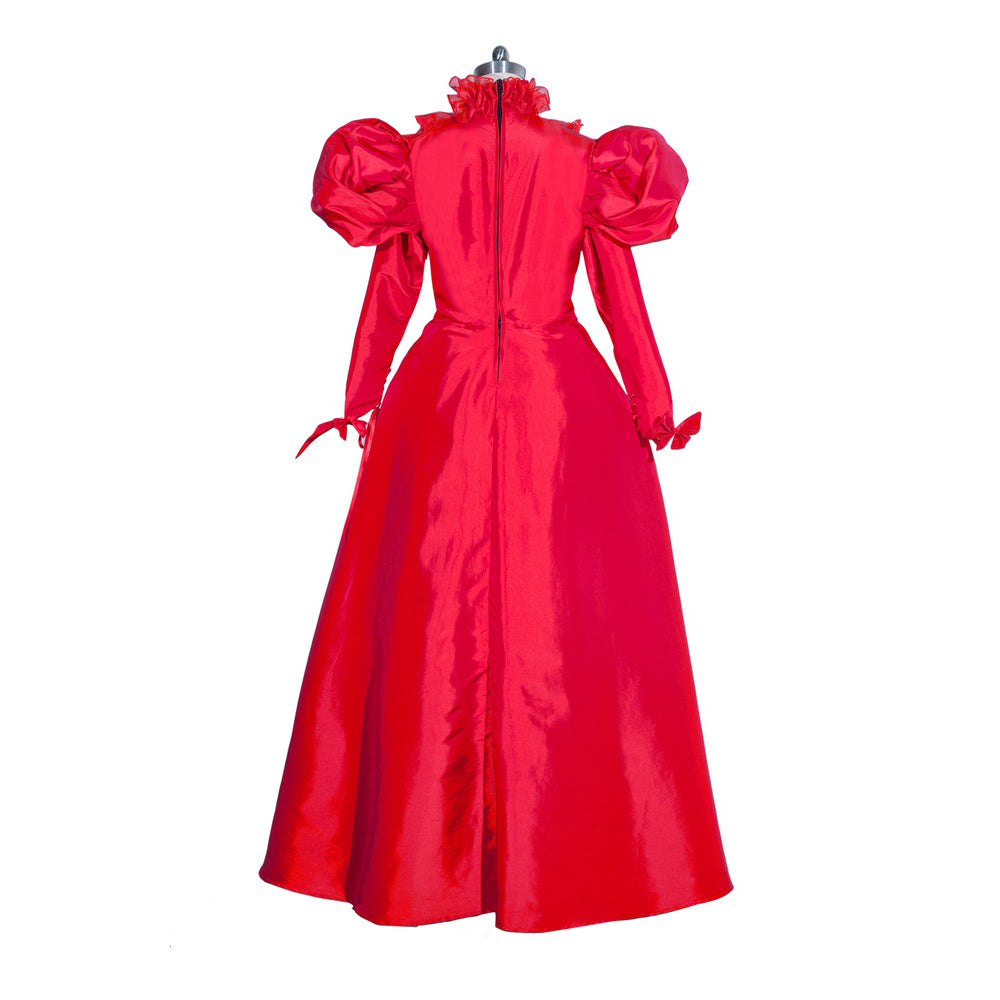 Red sissy maid dress with puffed sleeves, ruffled collar, and back zipper, displayed on mannequin