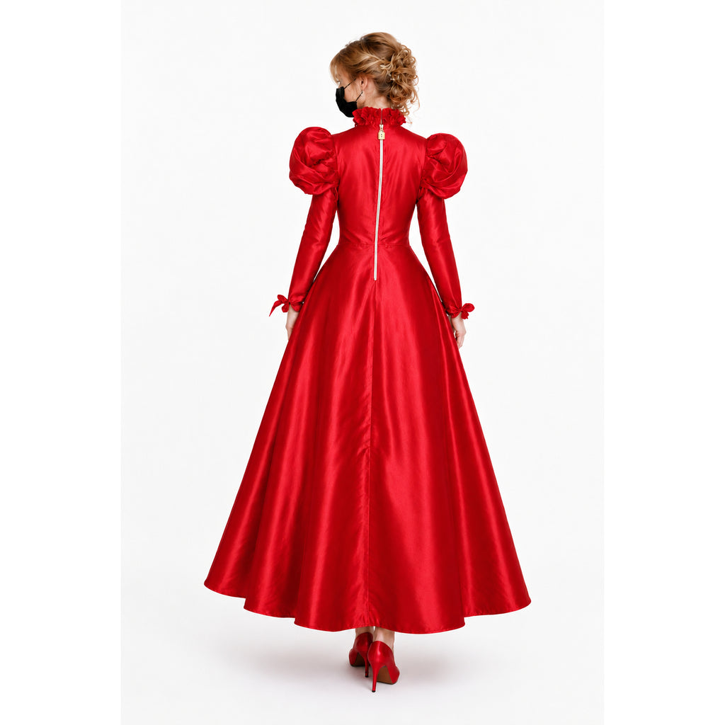 Red satin sissy maid dress with puff sleeves, back zipper, and bow cuffs, shown from behind.