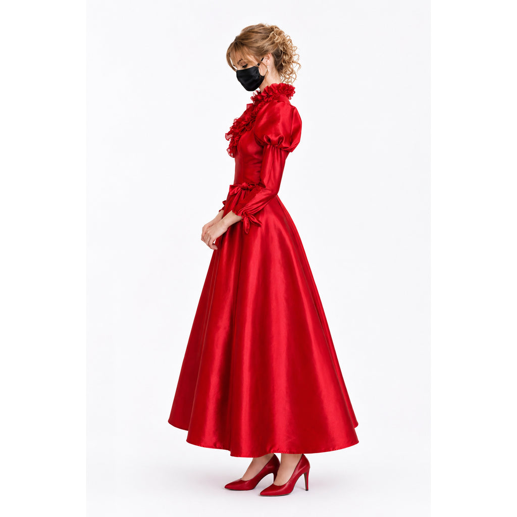 Red satin sissy maid dress with ruffles, long sleeves, and bow waist, paired with matching heels