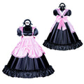 Black and pink sissy maid dress with ruffles, bow, and lace trim on mannequin