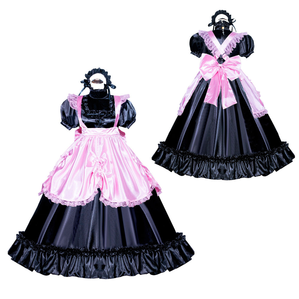 Black and pink sissy maid dress with ruffles, bow, and lace trim on mannequin