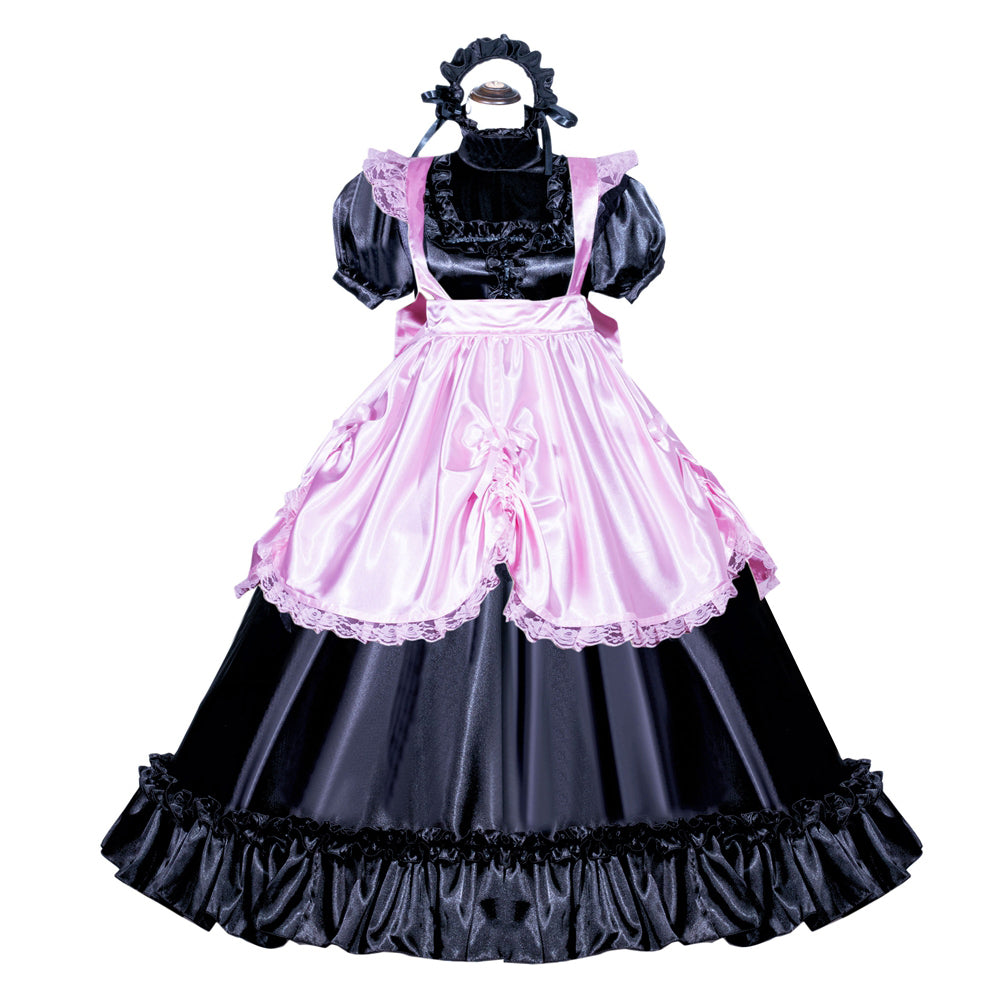 Pink and black sissy maid dress with lace trim, satin apron, and ruffled skirt