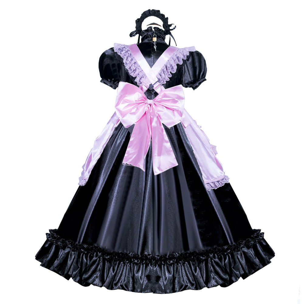 Black sissy maid dress with pink satin bow, lace trim, and ruffled hem for elegant costume fashion