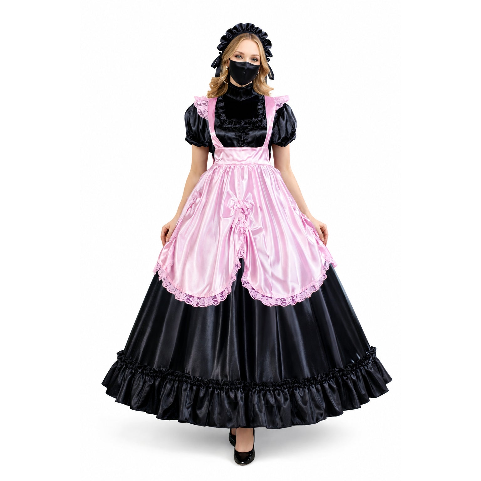Pink and black sissy maid dress with lace trim, satin apron, and ruffled skirt for costume fashion