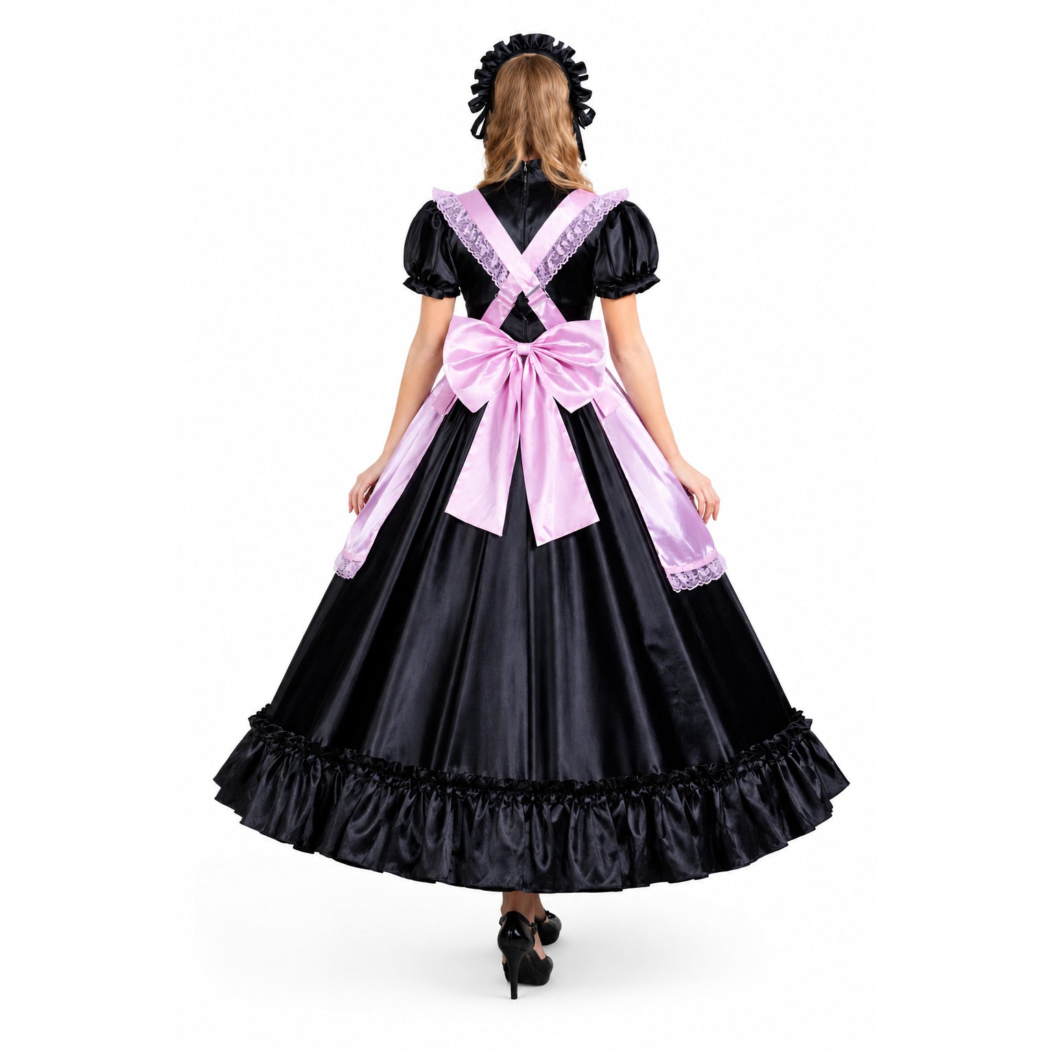 Black satin sissy maid dress with pink bow apron, lace trim, and ruffled hem, shown from back view