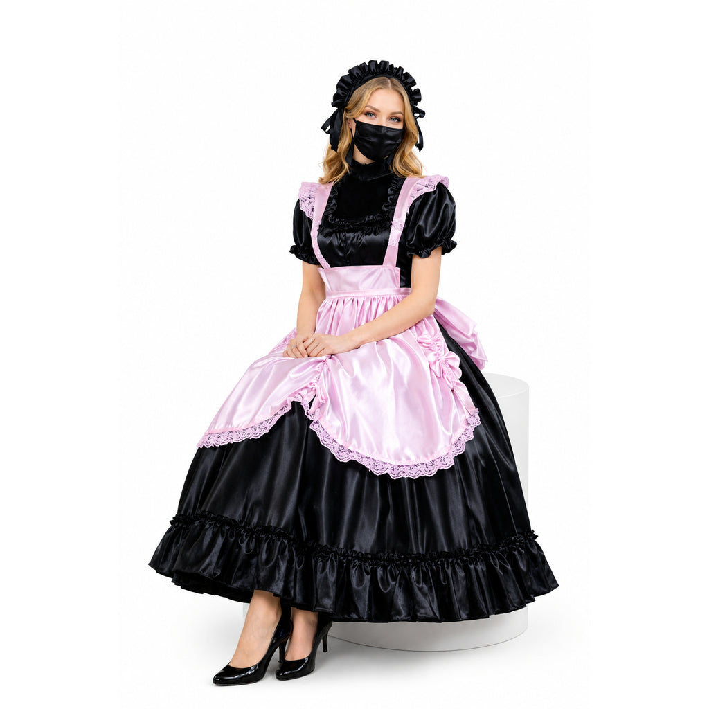 Black and pink sissy maid dress with lace trim, satin apron, and ruffled bonnet for costume fashion