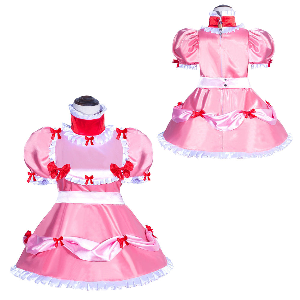Pink sissy maid dress with red bows, white ruffles, and satin finish, shown front and back