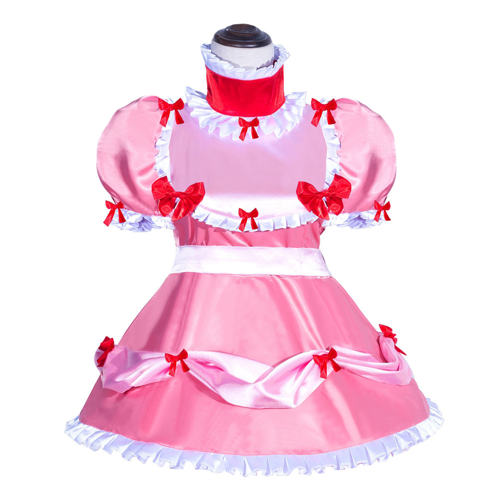 Pink sissy maid dress with red bows, white ruffles, and satin finish for costume fashion