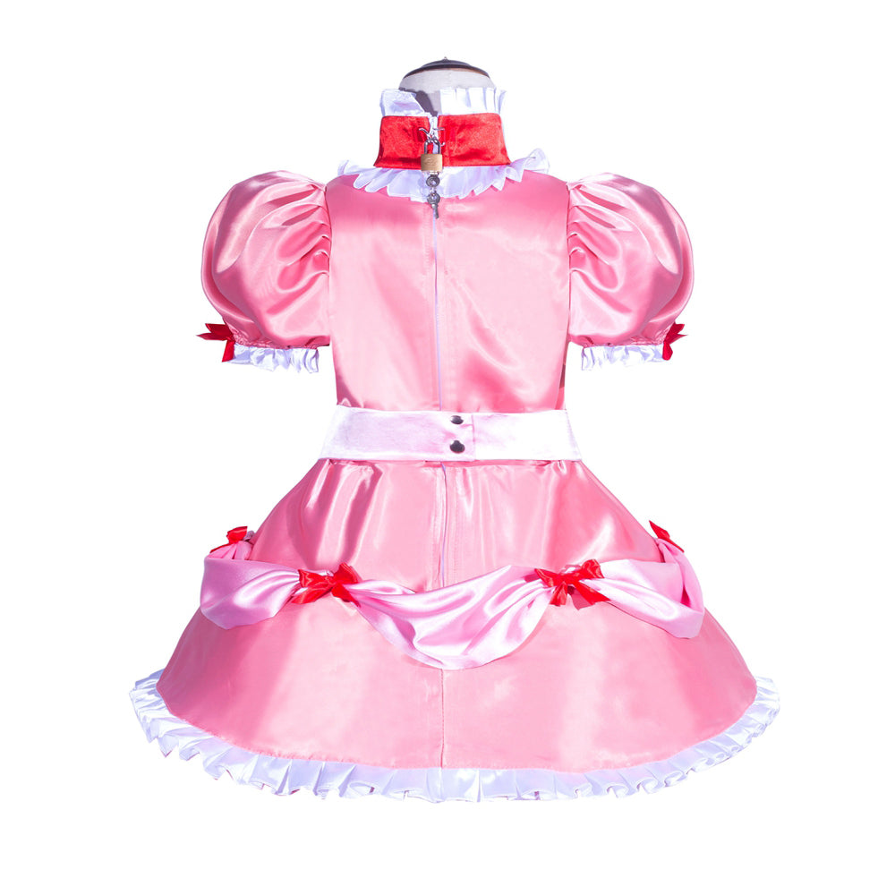 Pink sissy maid dress with puffed sleeves, white ruffles, red bows, and lockable collar detail