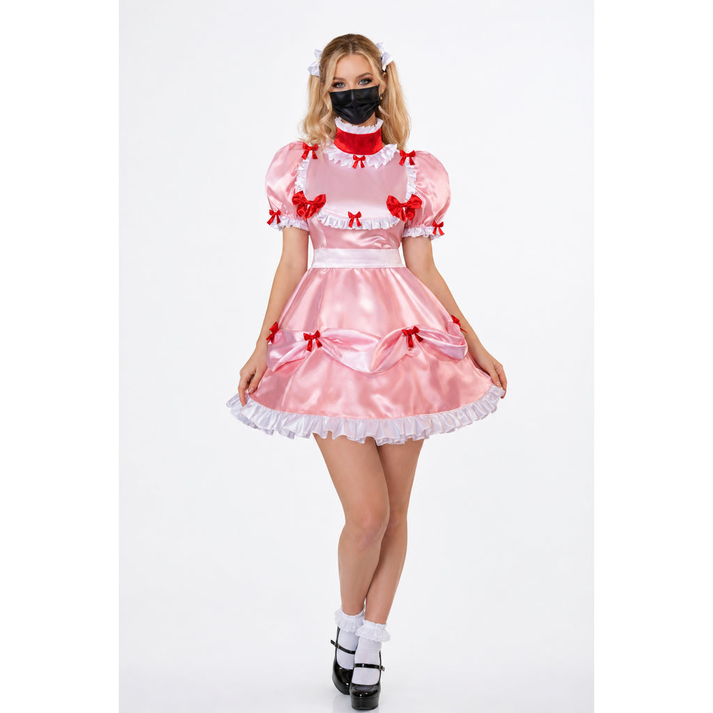 Pink sissy maid dress with red bows, white ruffles, and satin finish for costume fashion
