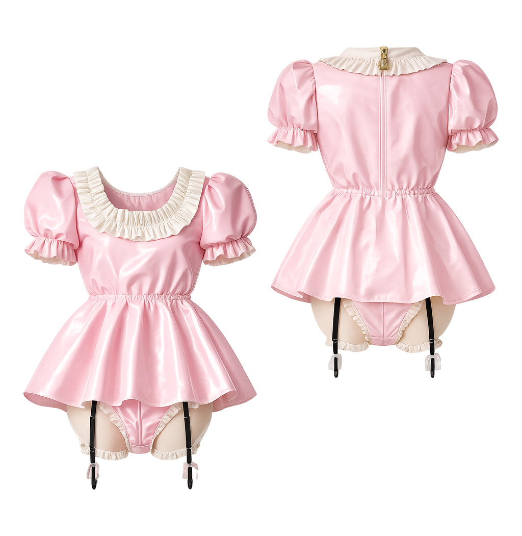 Pink sissy maid dress set with ruffled collar, puffed sleeves, and matching panties, featuring a lockable back zipper.