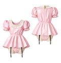 Pink sissy maid dress set with ruffled collar, puffed sleeves, and matching panties, featuring a lockable back zipper.