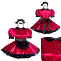 Red sissy maid dress with black lace trim, puff sleeves, and matching headband for costume fashion