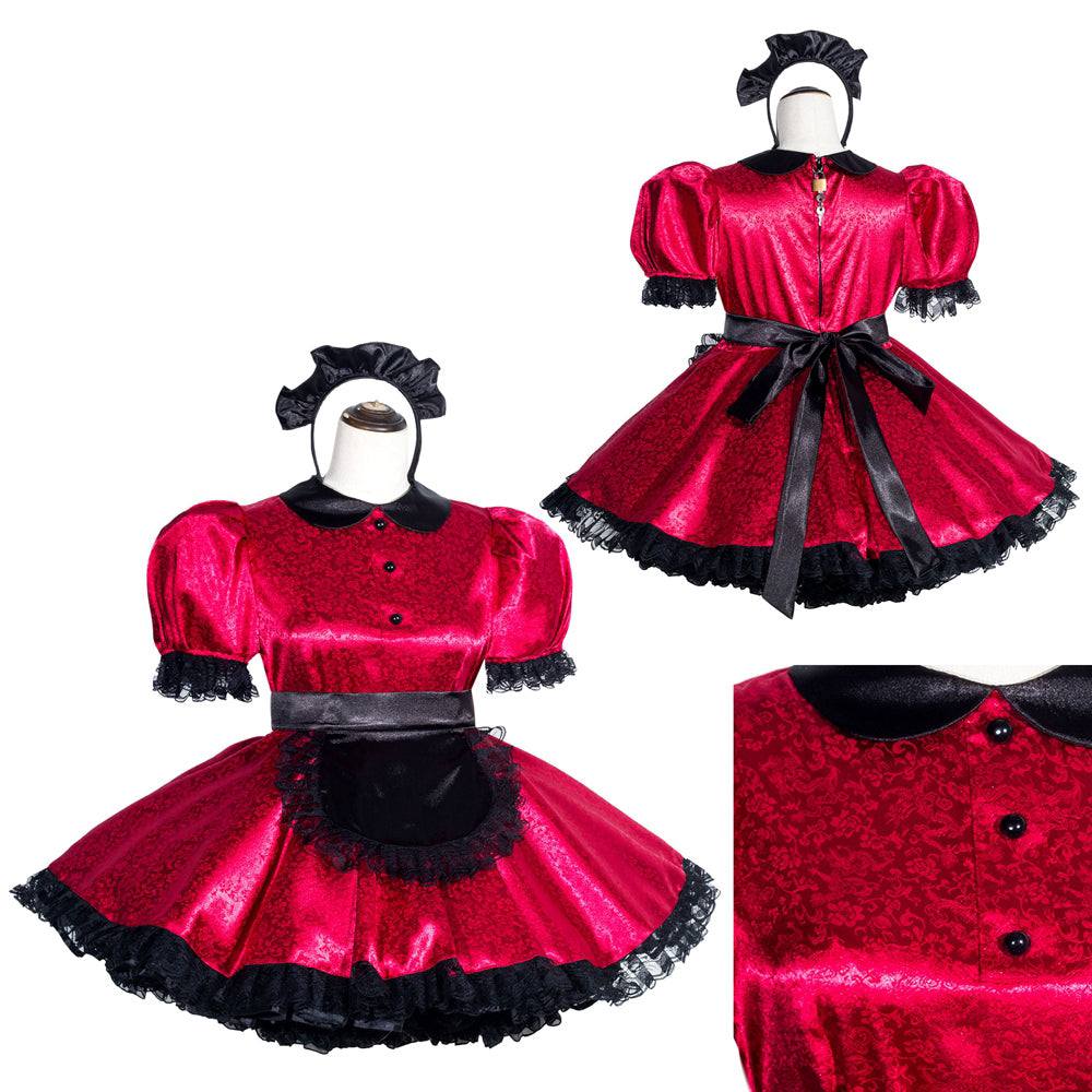 Red sissy maid dress with black lace trim, puff sleeves, and matching headband for costume fashion