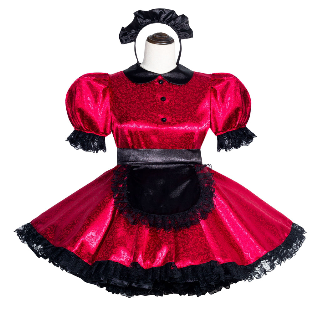 Red sissy maid dress with black lace trim, puff sleeves, and matching headband on mannequin