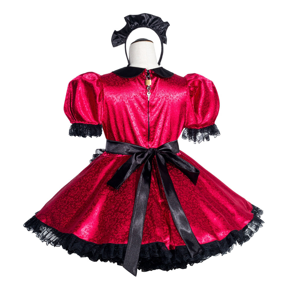 Red sissy maid dress with black lace trim, puff sleeves, and front lock detail