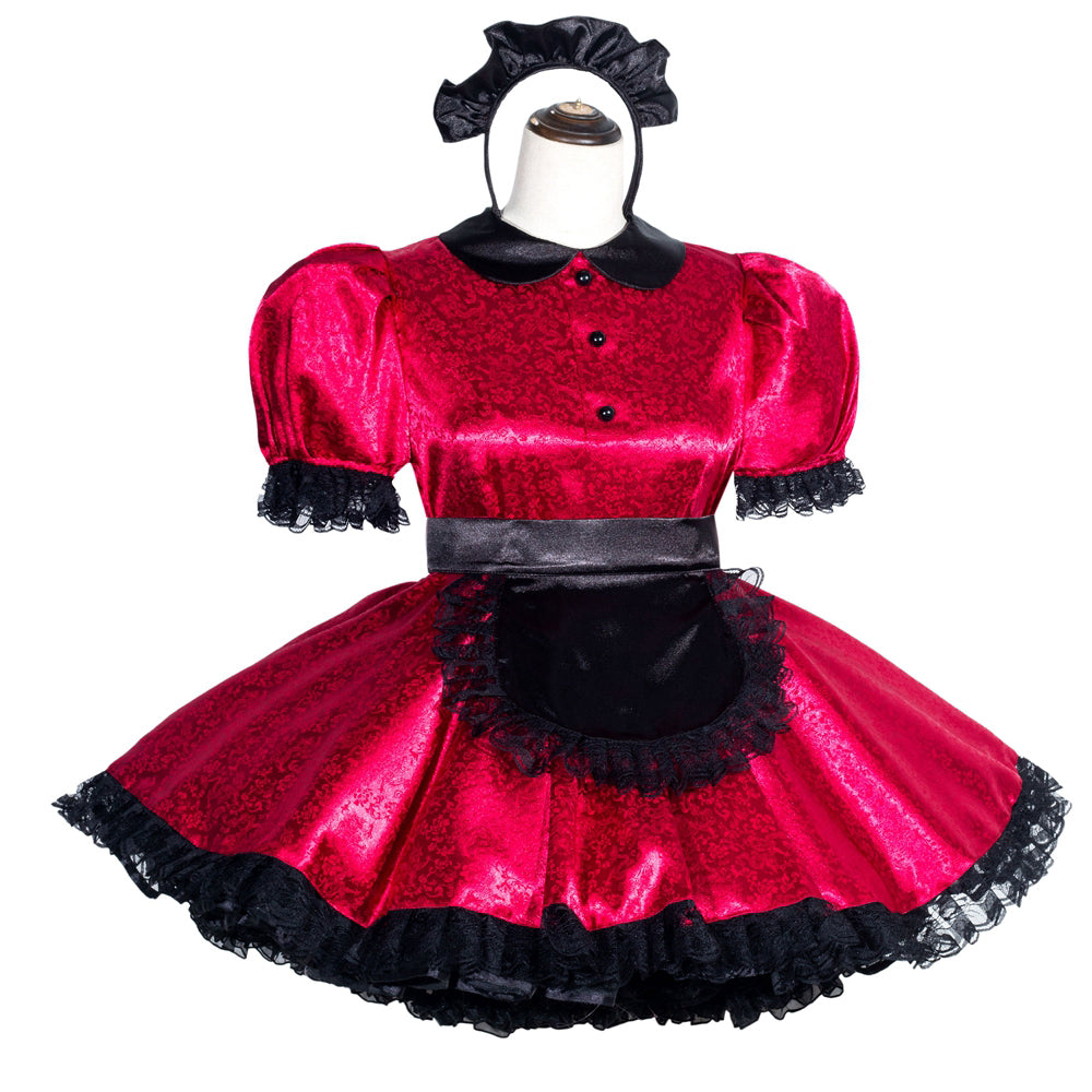 Red sissy maid dress with black lace trim, puff sleeves, and matching headband on mannequin