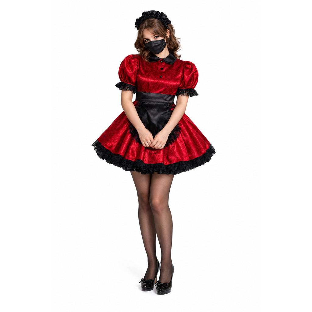 Red and black sissy maid dress with lace trim, satin apron, and matching headpiece