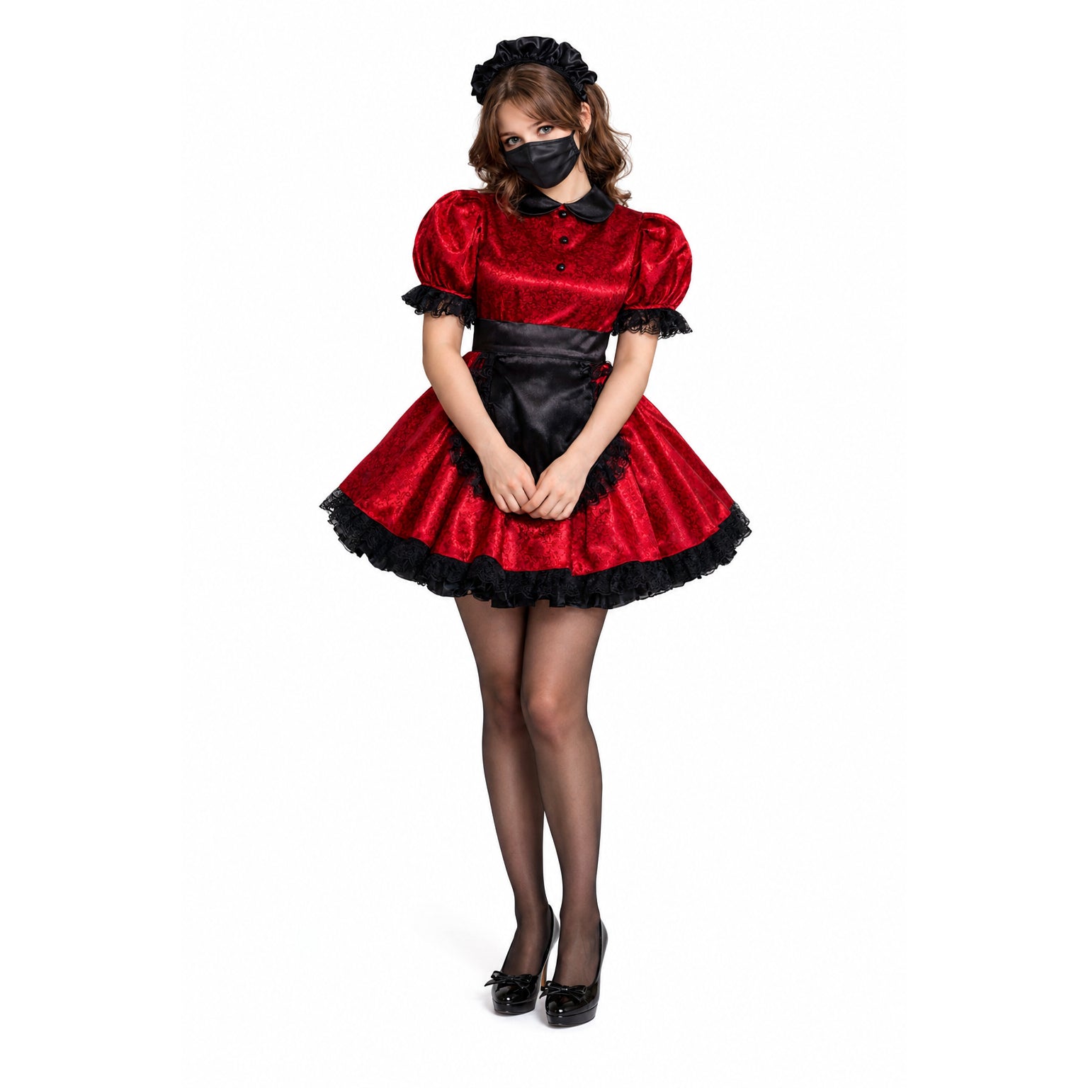 Red and black sissy maid dress with lace trim, satin apron, and matching headpiece