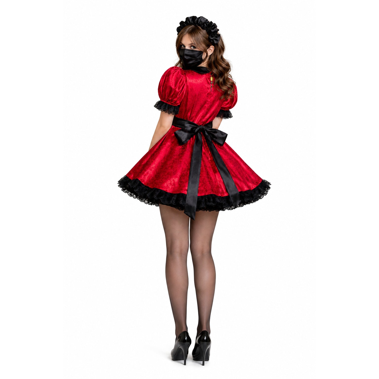 Red sissy maid dress with black lace trim, bow, and matching headpiece, worn with heels and mask