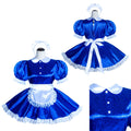 Blue sissy maid dress with white lace trim, puff sleeves, and apron, displayed on mannequin