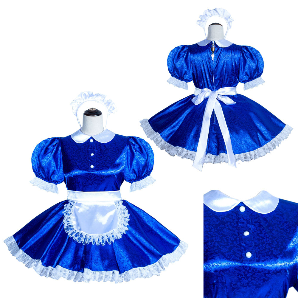 Blue sissy maid dress with white lace trim, puff sleeves, and apron, displayed on mannequin