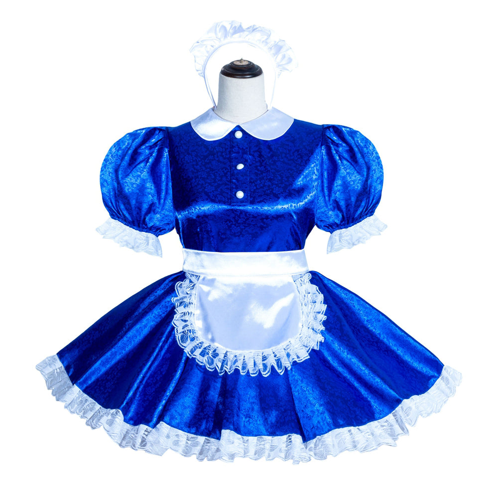Blue sissy maid dress with white lace trim, puffed sleeves, and apron on mannequin