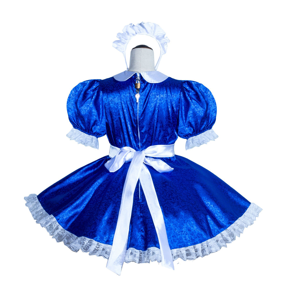 Blue sissy maid dress with white lace trim, puff sleeves, and bow waist, displayed on mannequin